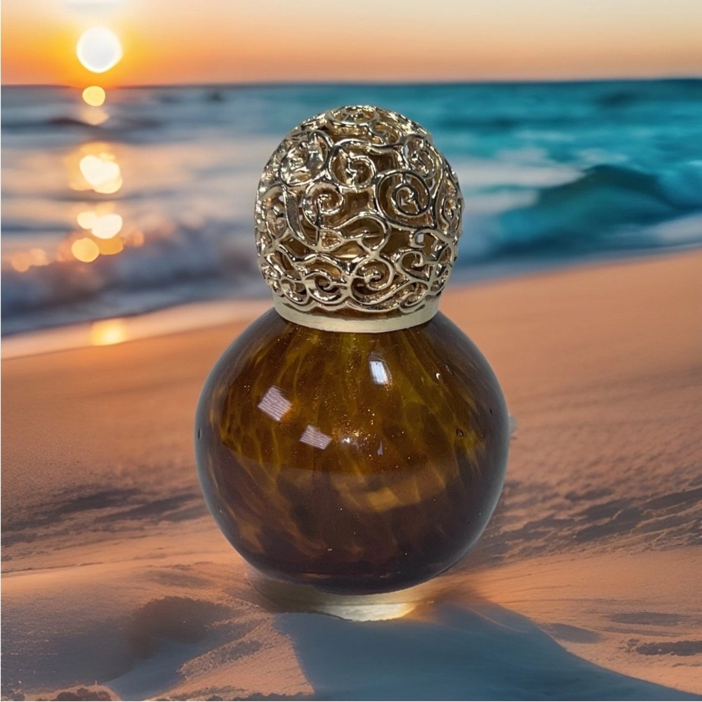 Fragrance Oil Lamp Diffuser Handblown Art Glass Amber Swirl Gold Top